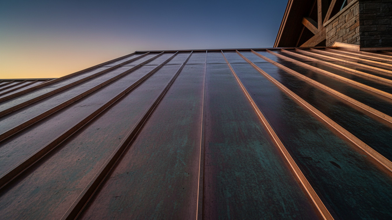 Standing seam copper roof installed by MA Martinez Construction against a North Carolina dusk sky in Raleigh, NC