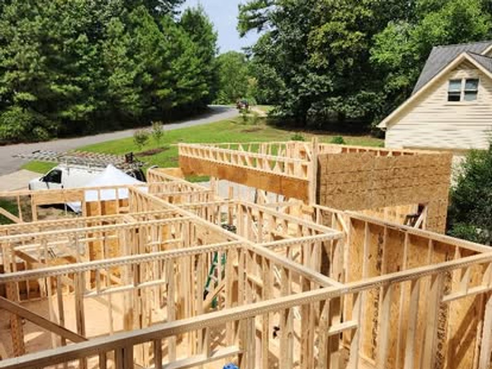 Wall framing in progress on a residential project by MA Martinez Construction in the Raleigh area