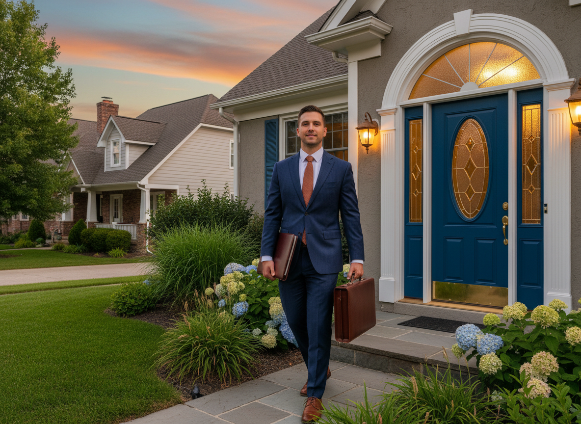 Professional notary approaching a client's home in Southern Indiana