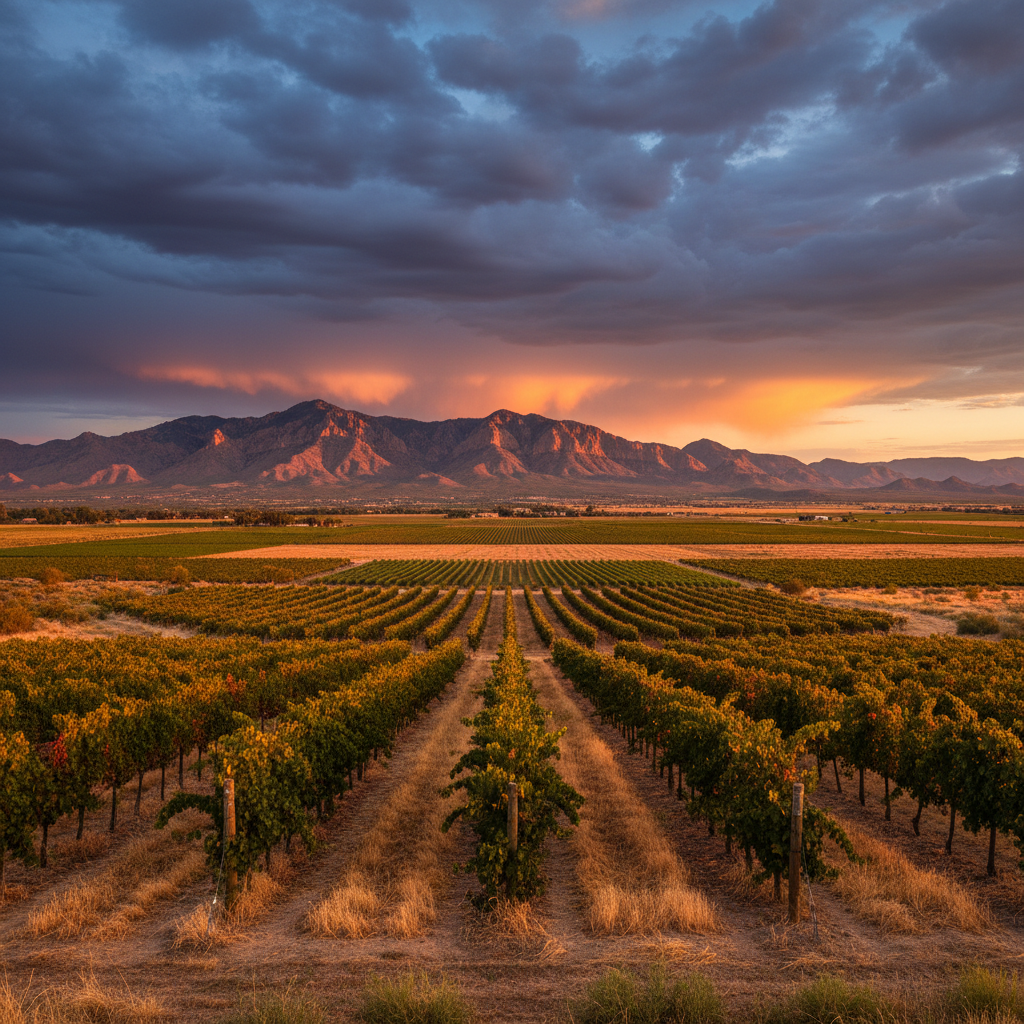 Cochise County Arizona vineyard and mountain landscape at golden hour
