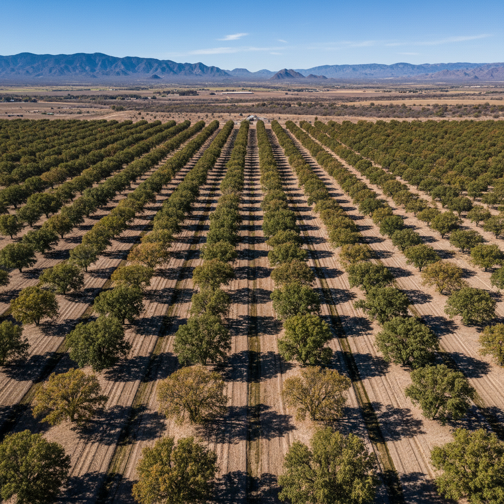 Aerial nadir view of Arizona pecan orchard rows, arid desert soil