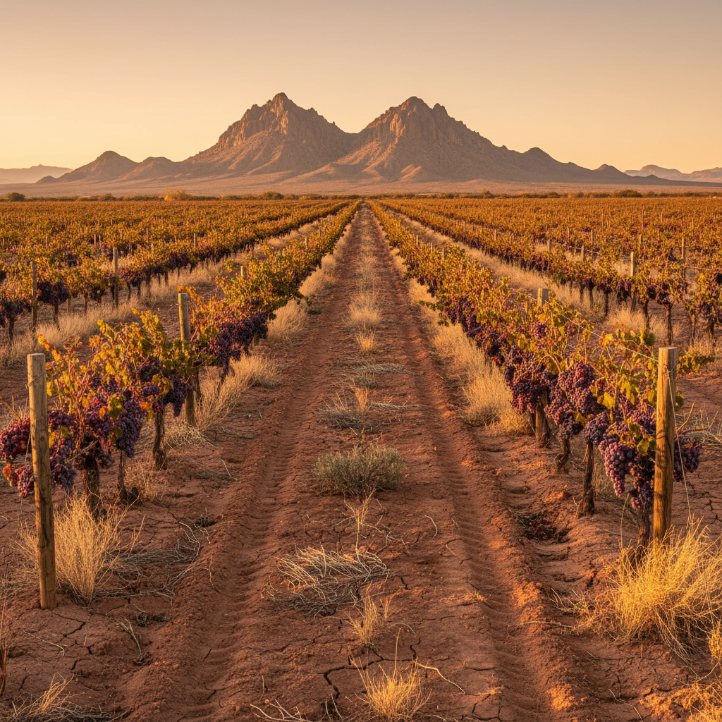Willcox Arizona vineyard rows with Dos Cabezas Mountains backdrop