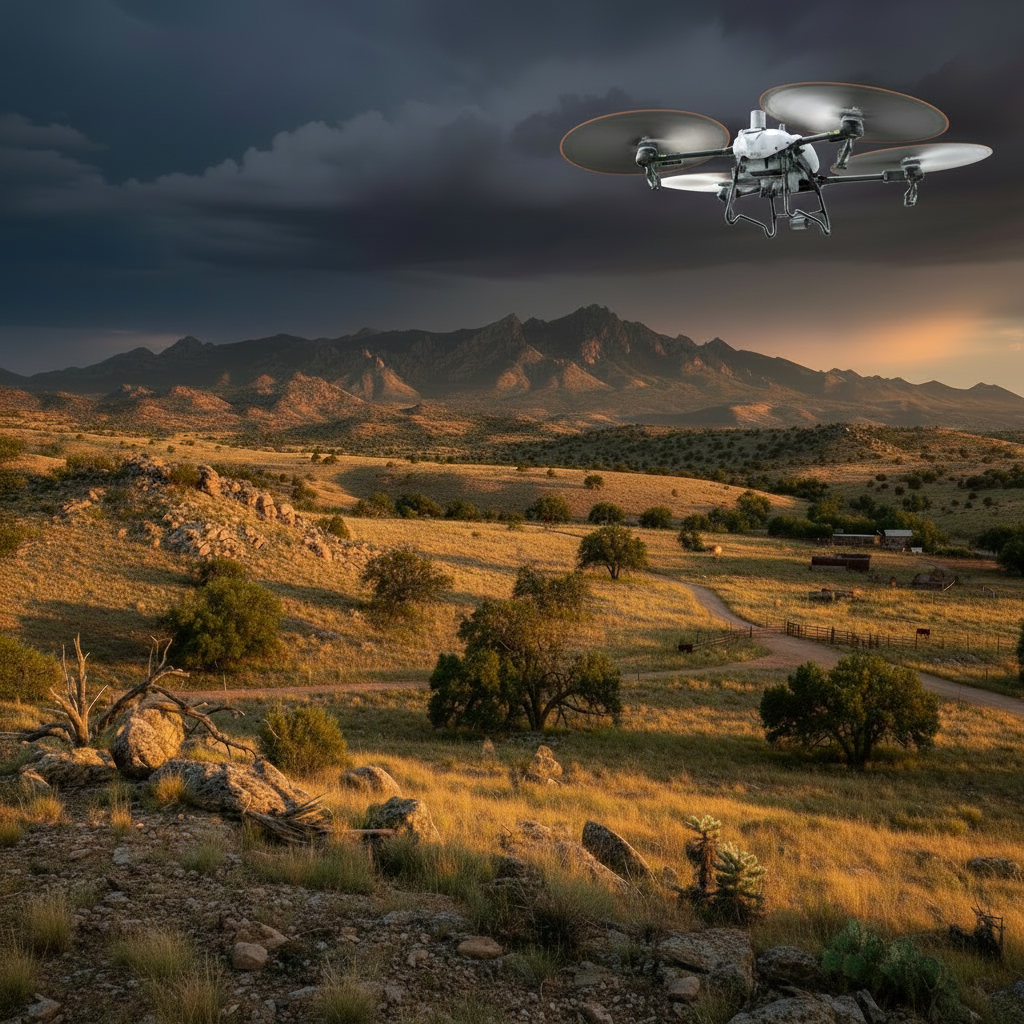 T60X agricultural drone in flight over Cochise County Arizona high desert landscape