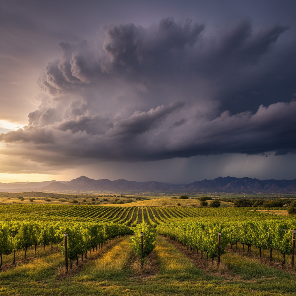 Monsoon thunderstorm rolling over Sonoita-Elgin wine country vineyards in Cochise County Arizona