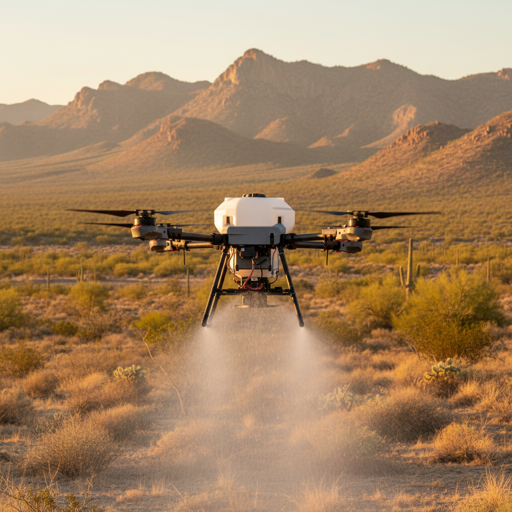 Agricultural spray drone over Cochise County Arizona high desert rangeland