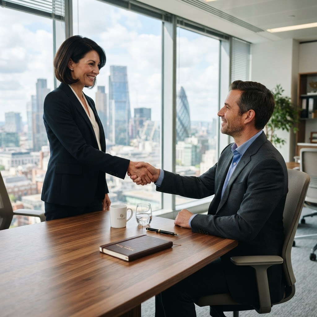Consulenza Axentra: consulente e cliente si stringono la mano in un ufficio moderno