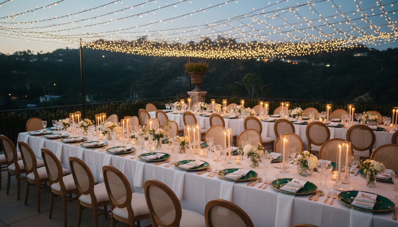 Elegant outdoor event reception at twilight with warm string lights and gold table settings