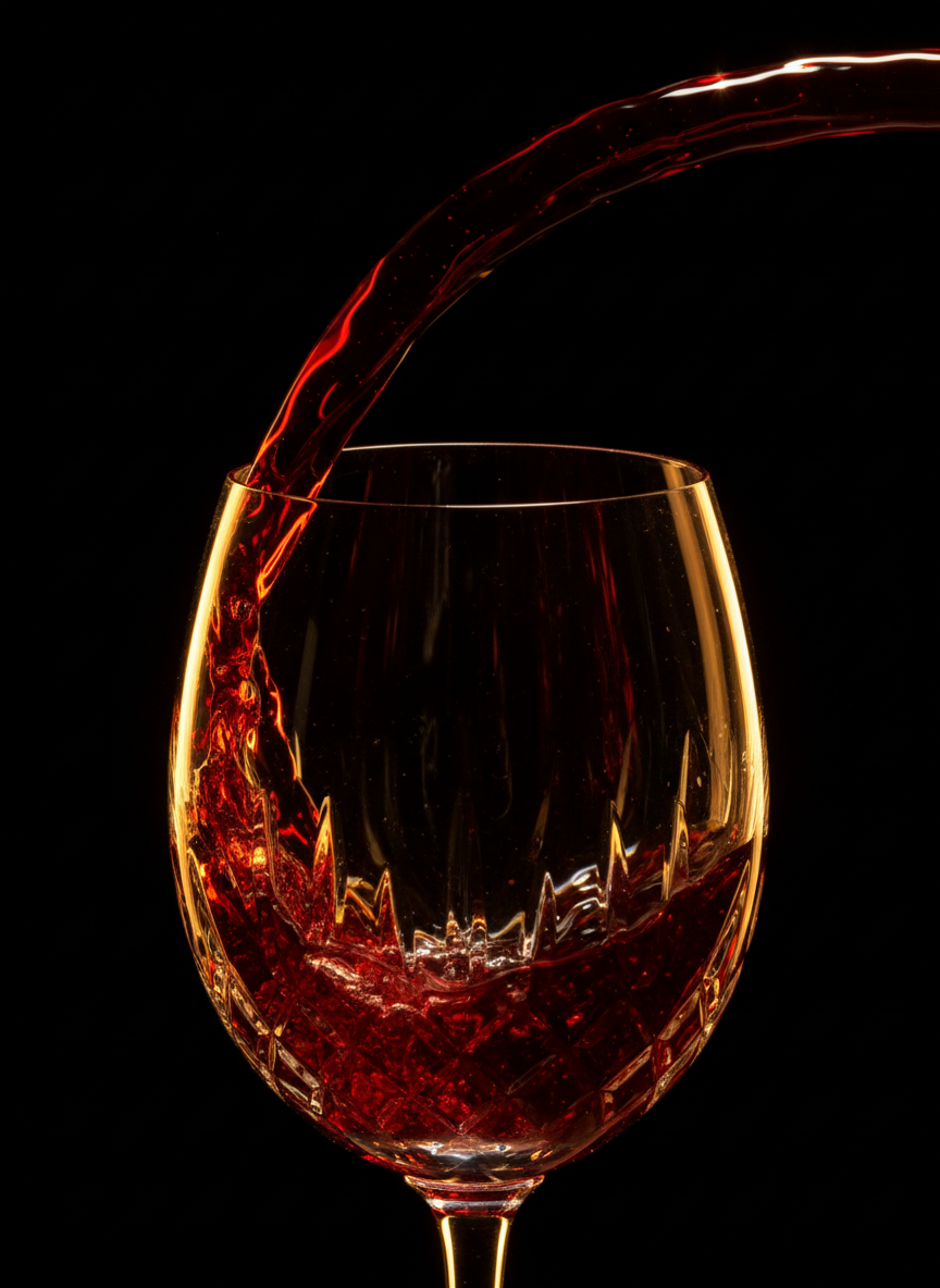 Red wine being poured into a crystal glass against a dark background