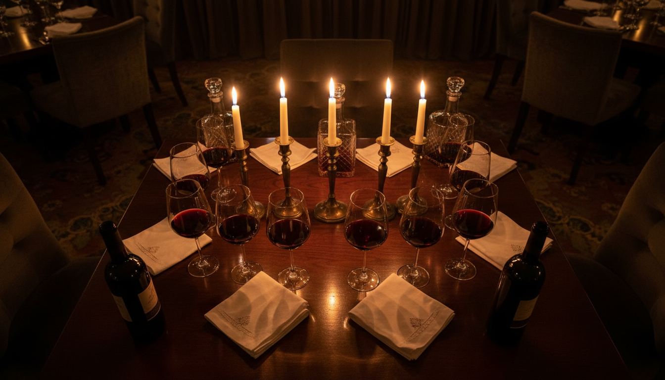 Elegant wine tasting table setting with crystal glasses and candlelight