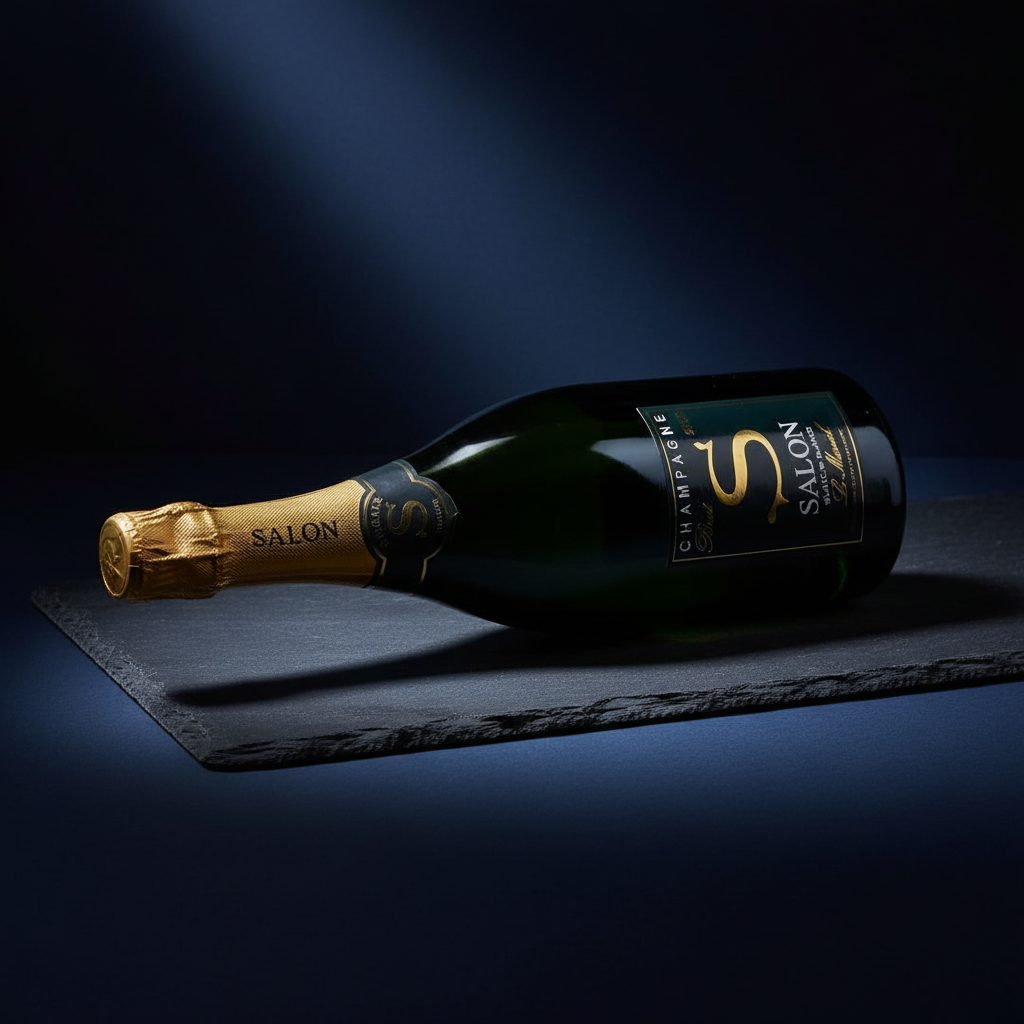 Salon Champagne Blanc de Blancs Le Mesnil Brut 2002 bottle lying on dark marble table