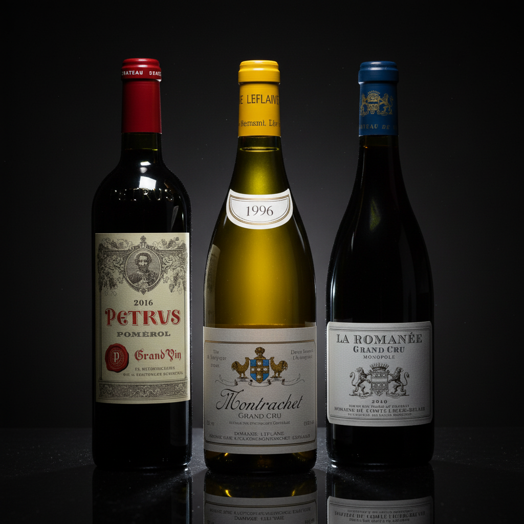 Petrus, Domaine Leflaive Montrachet, and La Romanée Grand Cru bottles on dark reflective surface