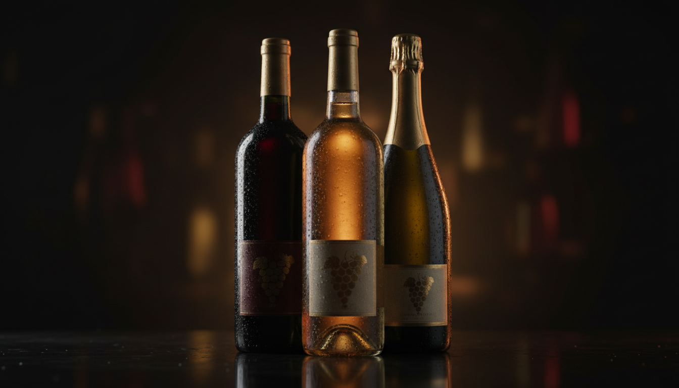 Premium wine bottles on dark reflective surface