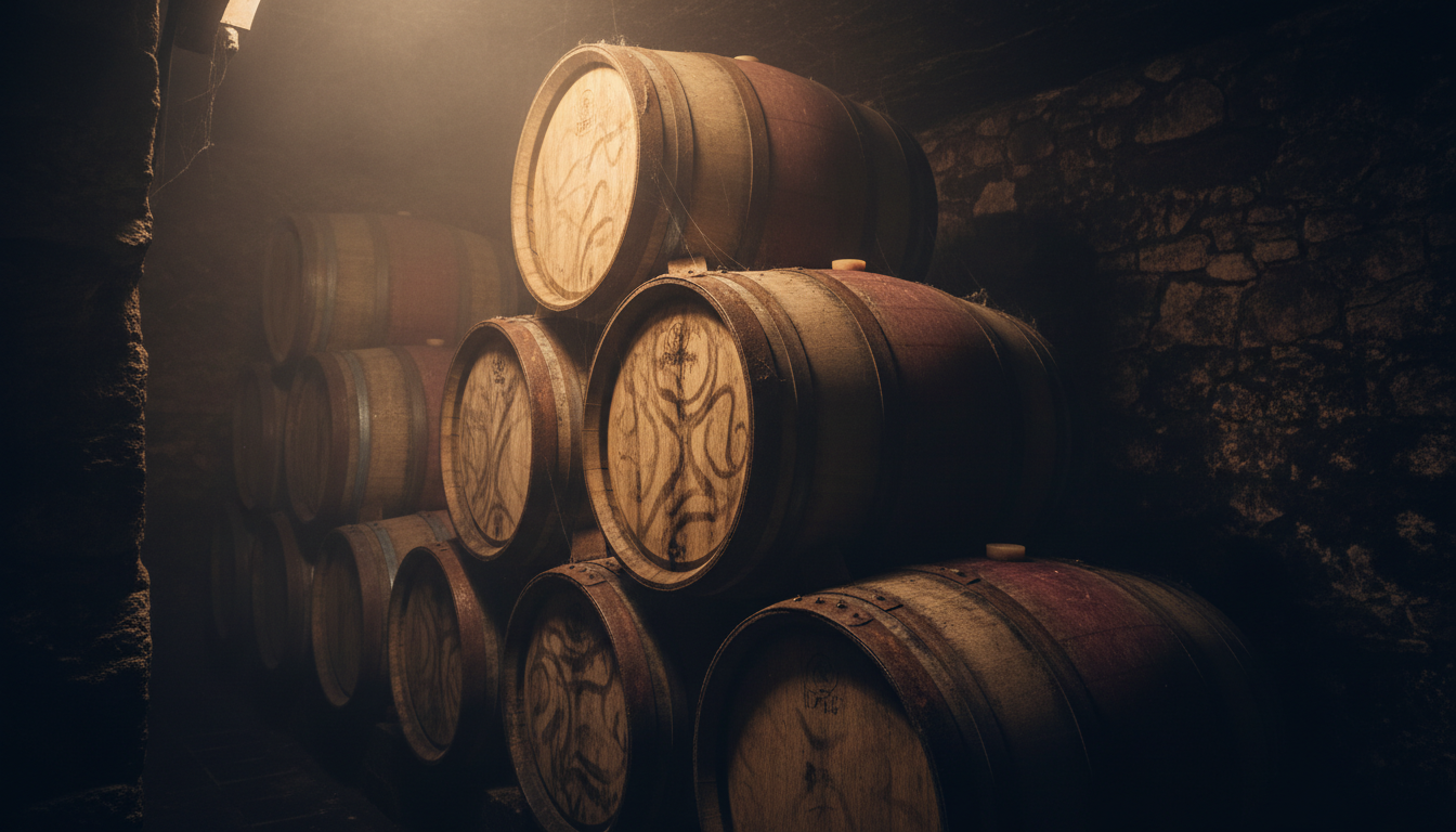 Oak wine barrels in a dark underground cellar with warm amber lighting