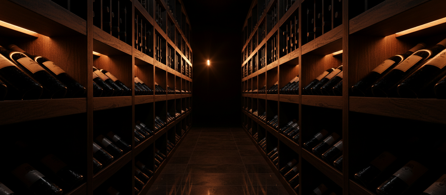 Premium wine cellar with bottles on wooden racks under warm amber lighting