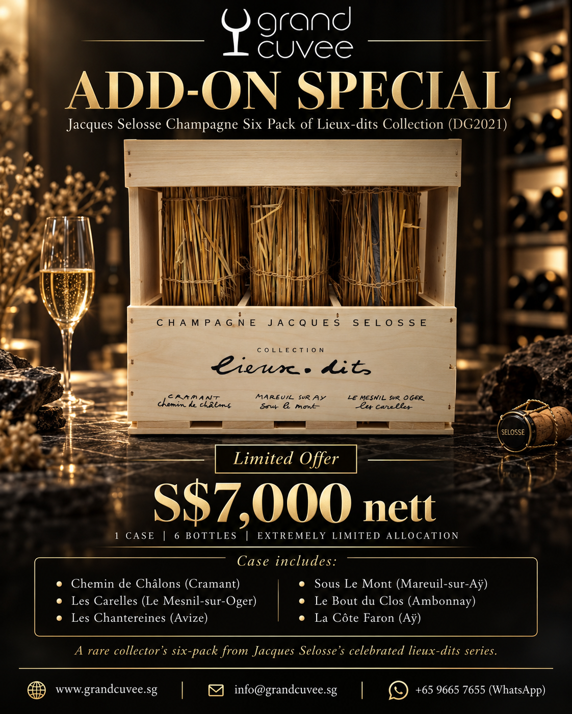 Jacques Selosse Champagne Six Pack of Lieux-dits Collection (DG2021), add-on special at S$7,000 nett for one case of six bottles