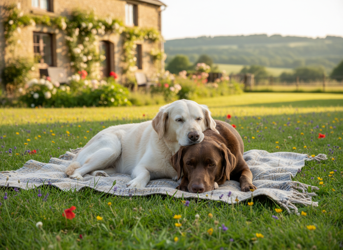 Deux chiens âgés se reposant paisiblement ensemble dans le jardin ensoleillé du sanctuaire