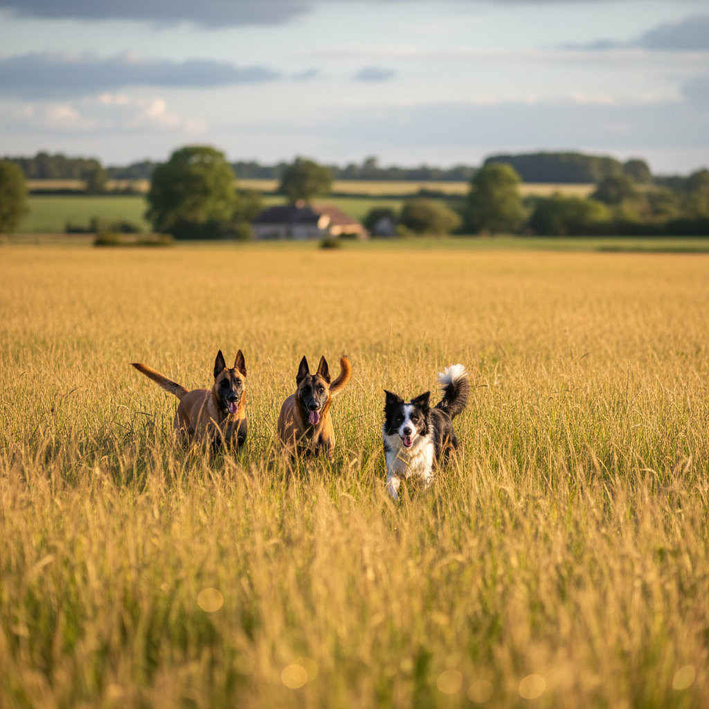 Chien heureux marchant librement dans une vaste prairie ensoleillée du sanctuaire