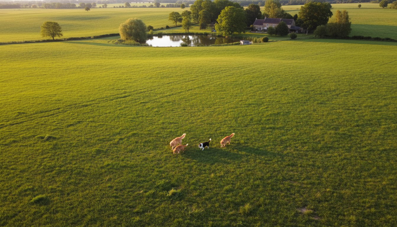 Trois chiens marchant paisiblement dans un vaste terrain de campagne avec un étang