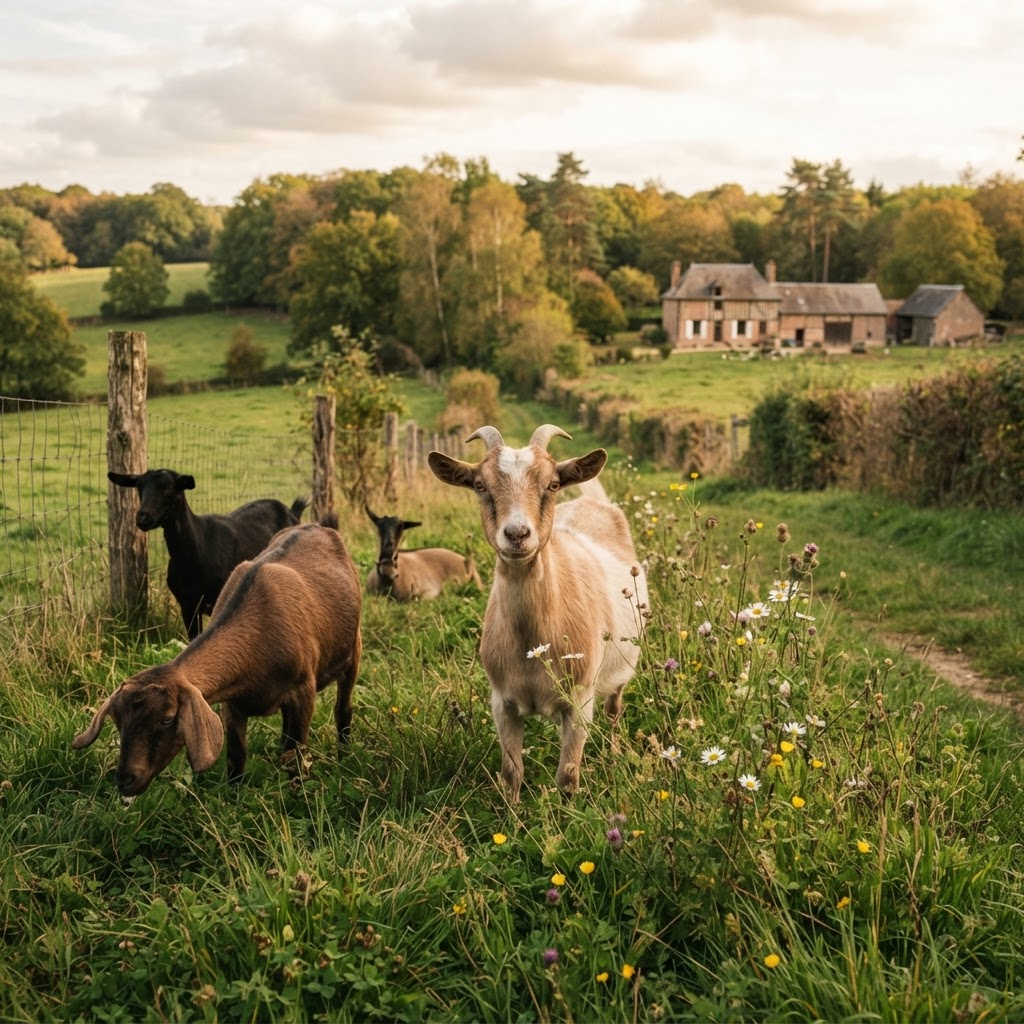 Chèvres dans un pâturage paisible de Sologne