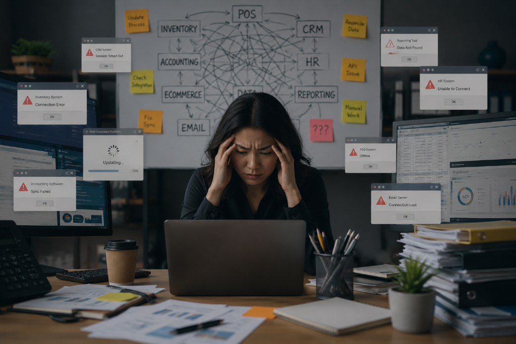Business owner overwhelmed by complex systems and error pop-ups
