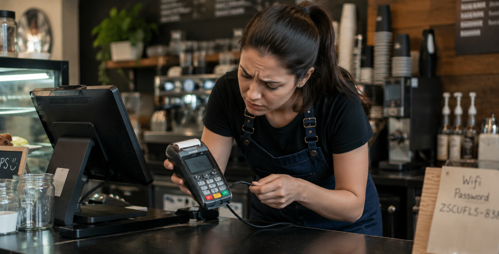 Cafe worker frustrated with payment terminal problems
