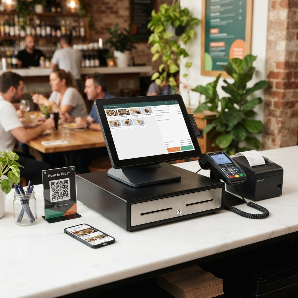 Complete restaurant POS system with touchscreen terminal, EFTPOS, receipt printer and QR ordering stand
