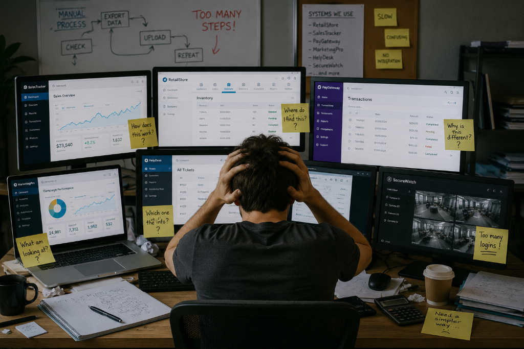 Person overwhelmed by multiple business system dashboards and sticky notes