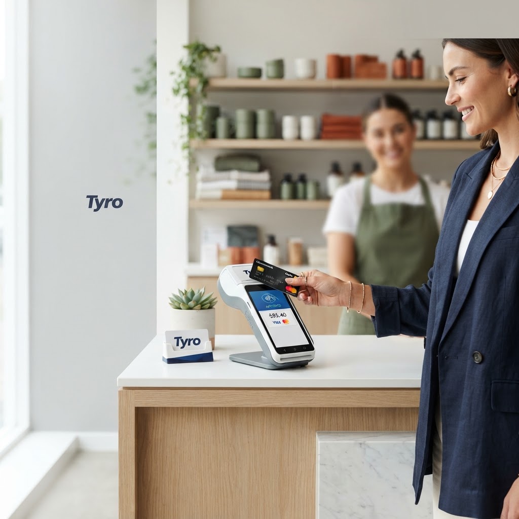 Australian business owner tapping contactless card on EFTPOS terminal