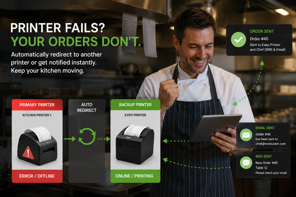Printer fails — orders automatically redirect to backup printer with instant SMS and email notifications