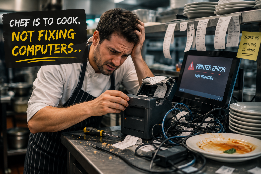 Stressed chef fixing a broken printer during service