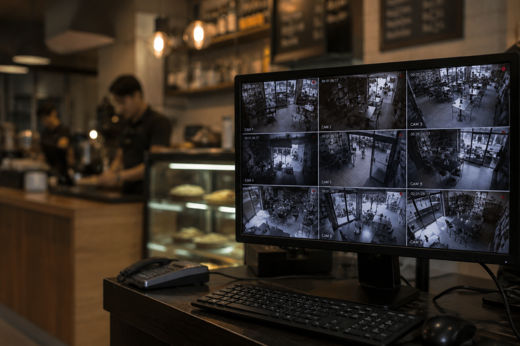 Security monitoring station with CCTV camera grid display