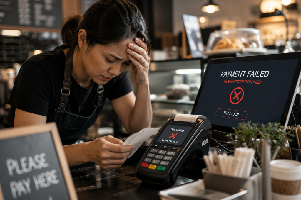 Frustrated business owner with declined payment terminal