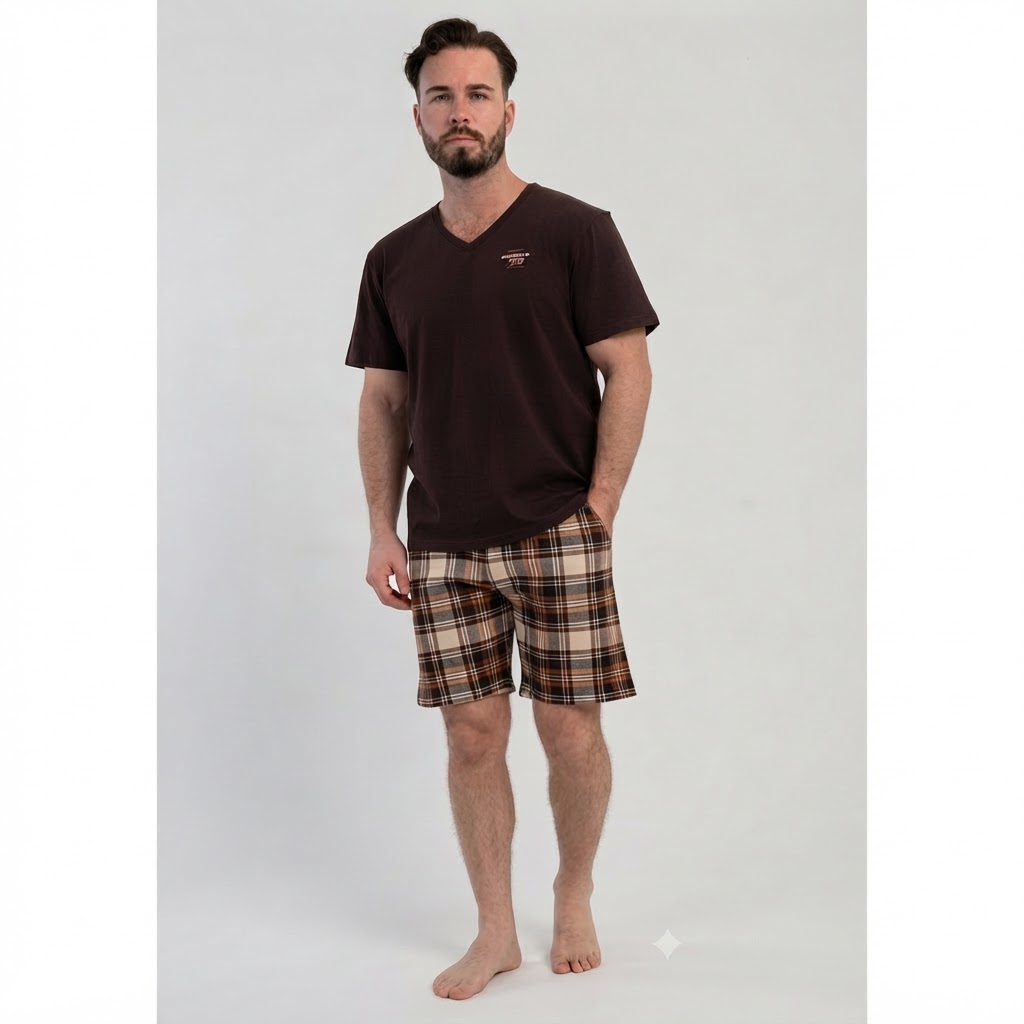 Męska piżama brązowa — V-neck i spodenki w kratę