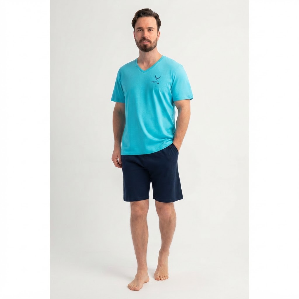Męska piżama turkusowa — V-neck i granatowe spodenki