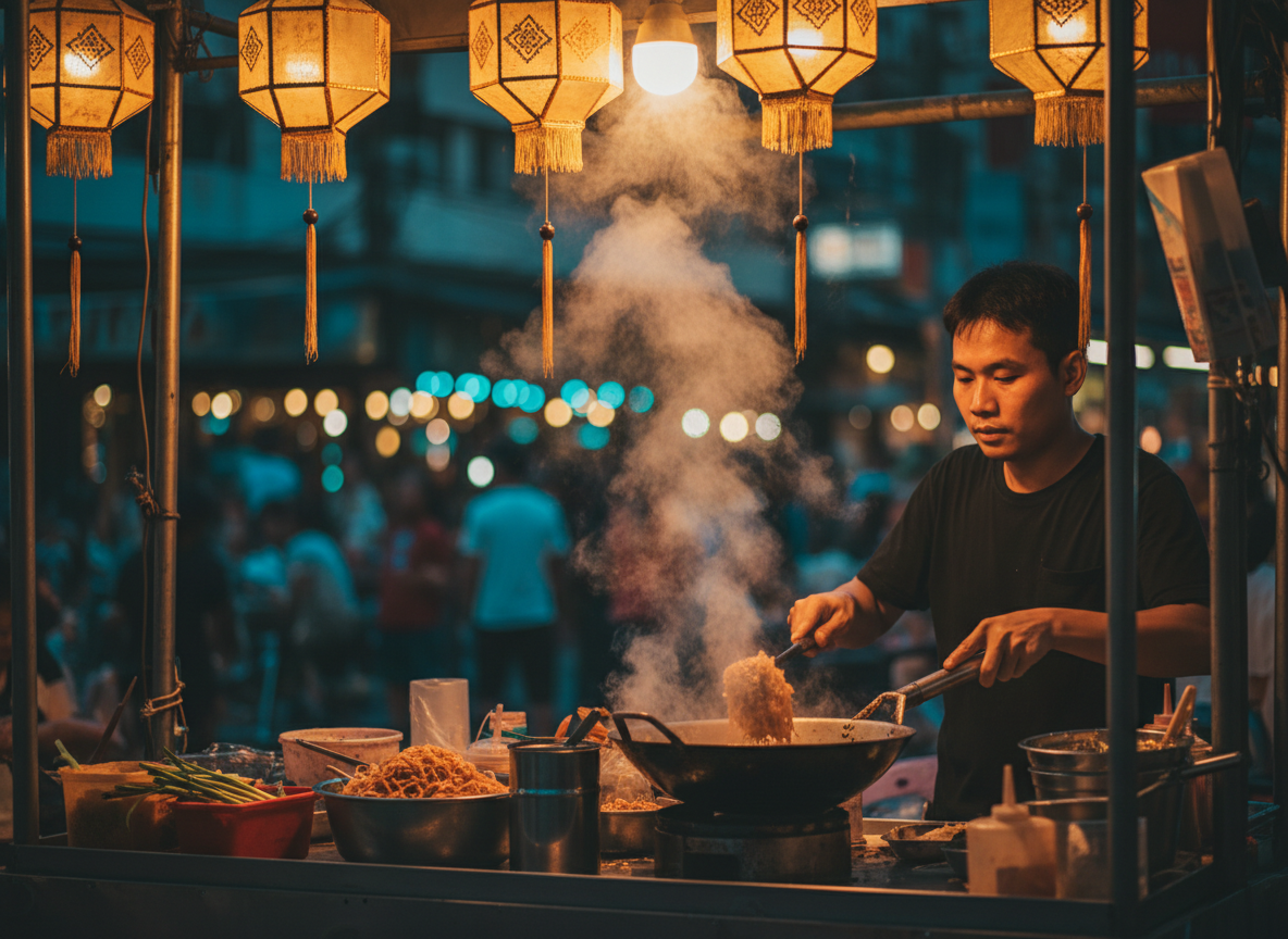 Bangkok street food scene with steam rising from a wok