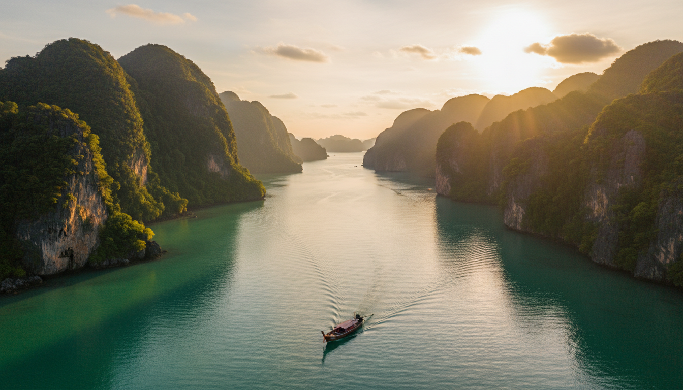 Stunning view of Phang Nga Bay Thailand with limestone karsts and longtail boat