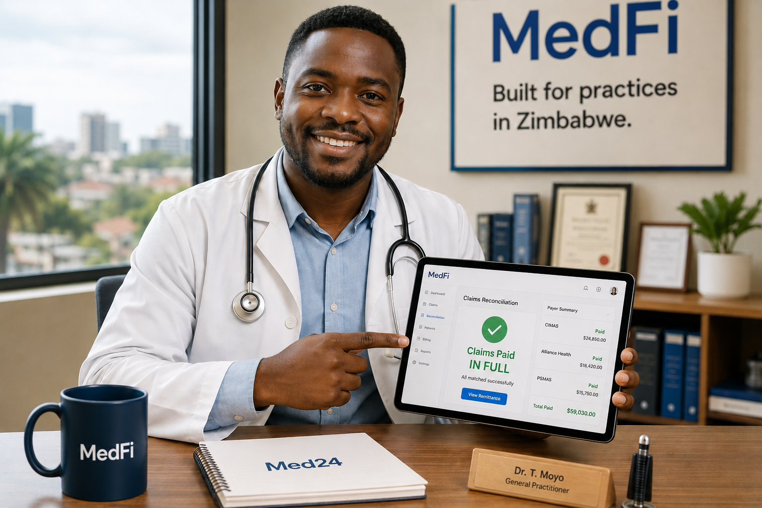 MedFi reconciliation dashboard — claims paid in full