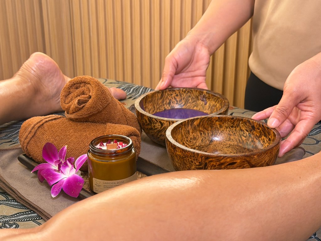 Spa treatment tray with orchid and candle
