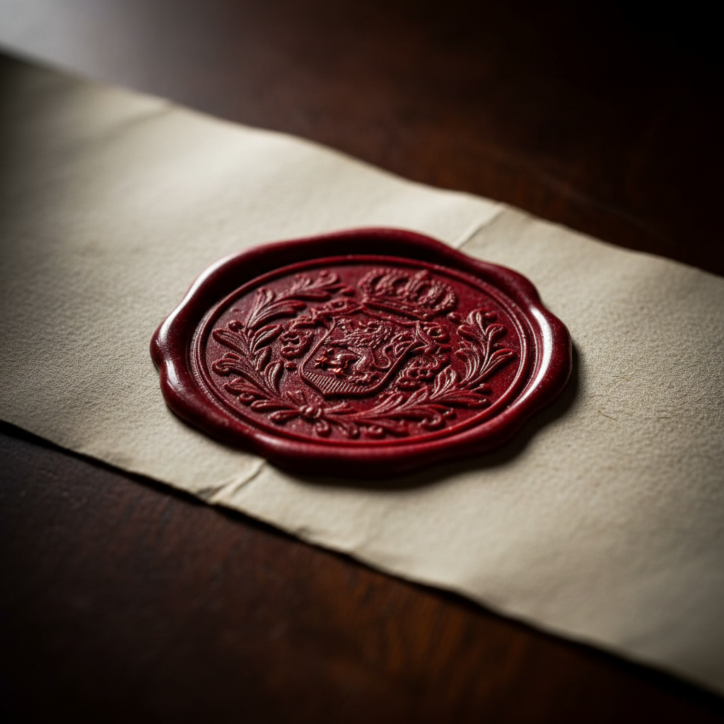 An ornate red wax seal pressed onto heavy cream paper
