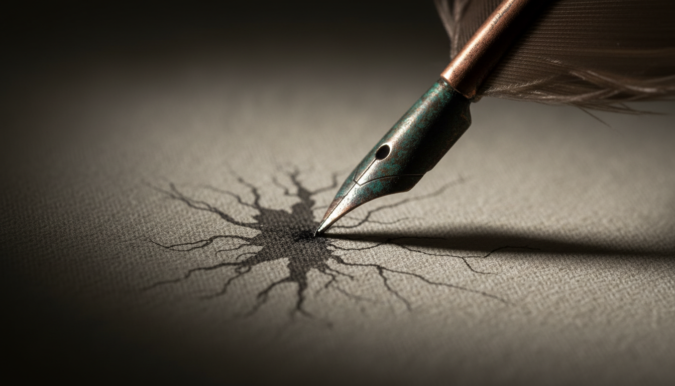 Macro close-up of a quill nib touching ivory paper with spreading ink