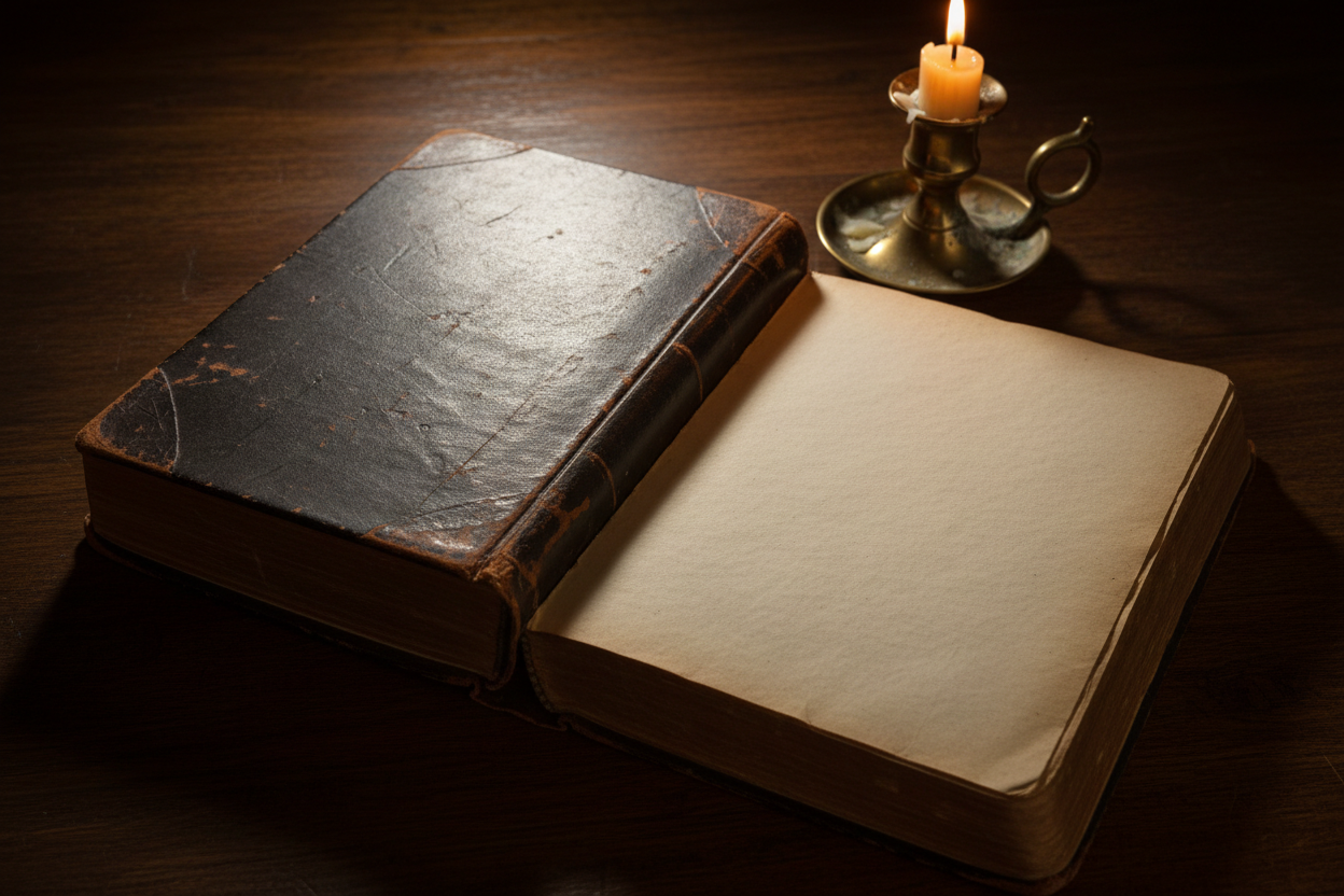 A vintage leather-bound book open on a dark wood desk illuminated by candlelight