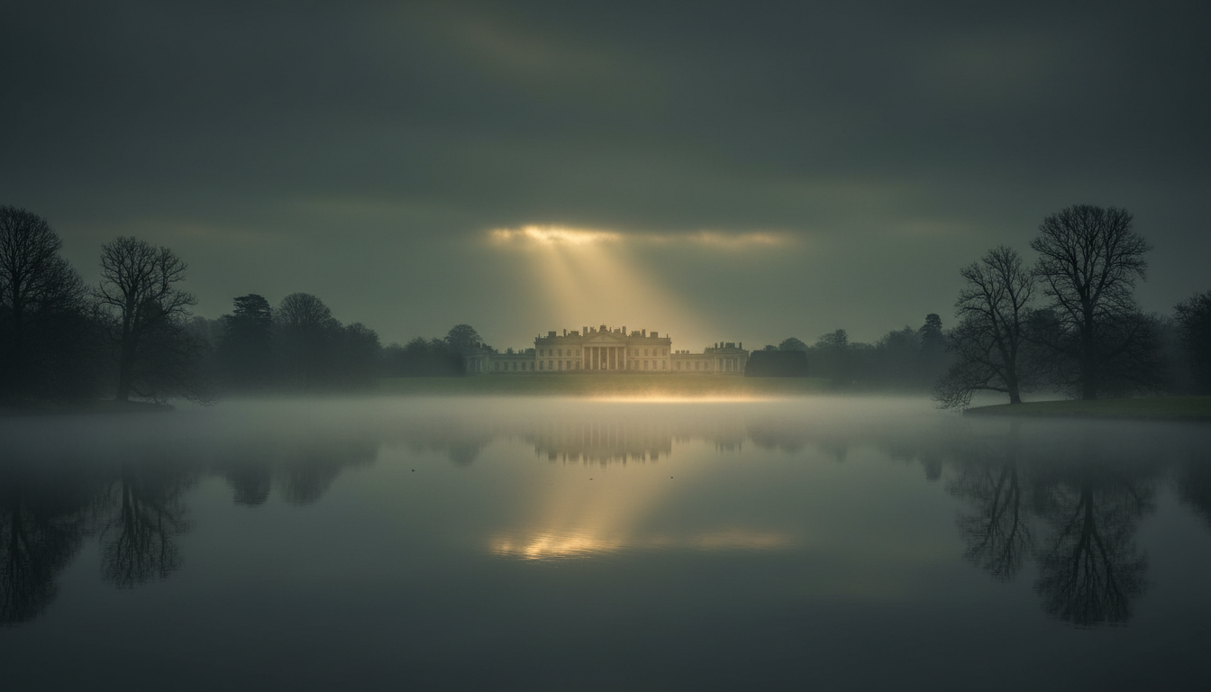 Grand English country estate across a misty lake at dawn