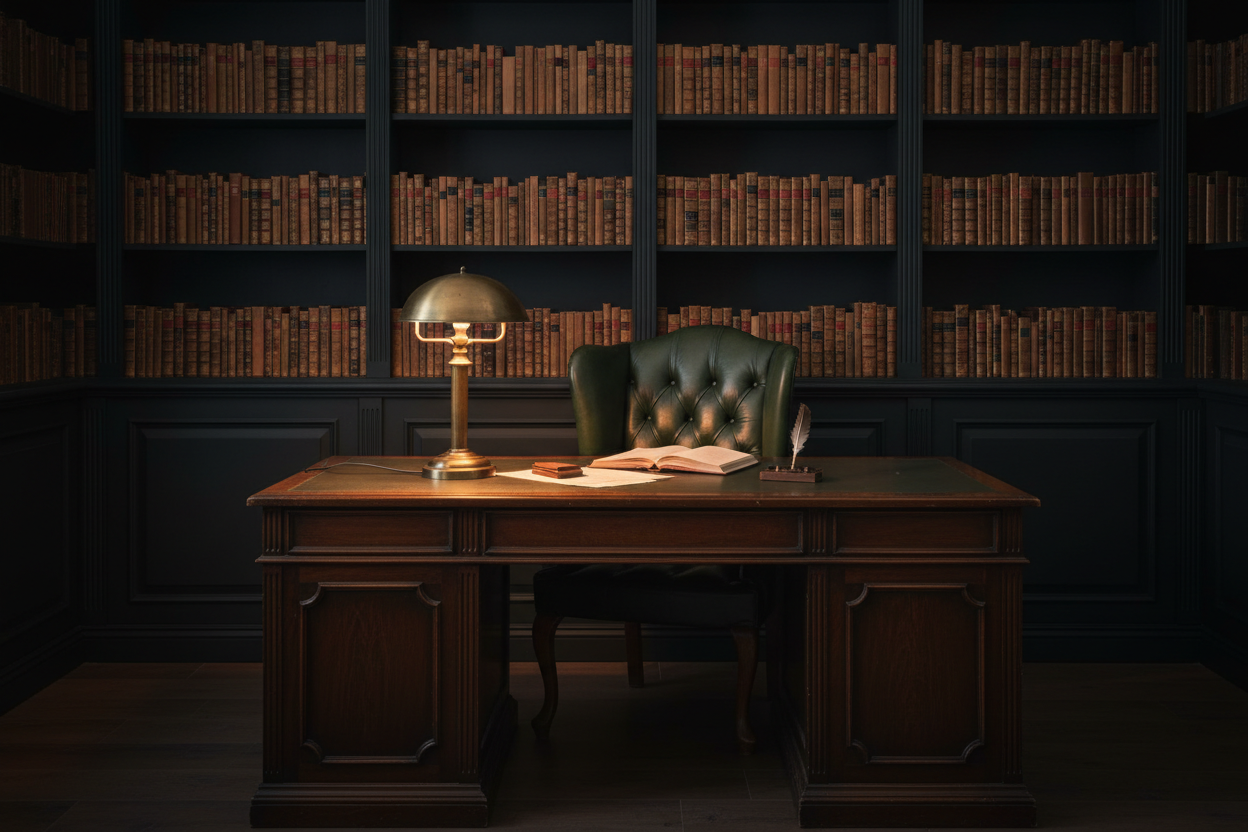 An elegant dark study with bookshelves and an antique writing desk