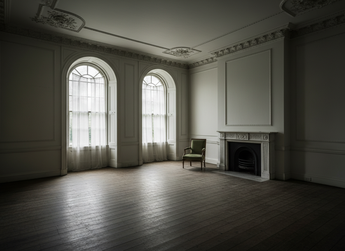 Empty Georgian drawing room with light streaming through tall sash windows