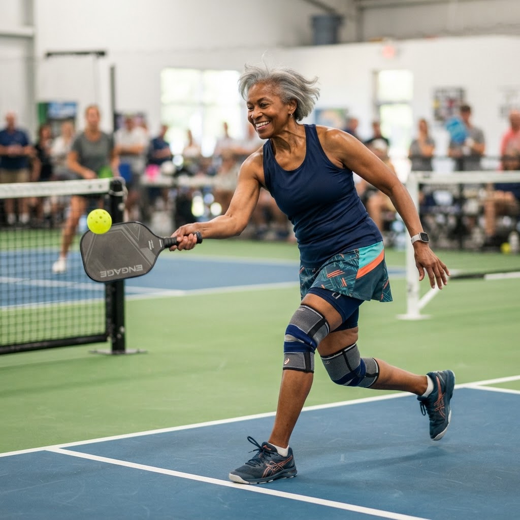 Older Black woman hitting a backhand in a pickleball match