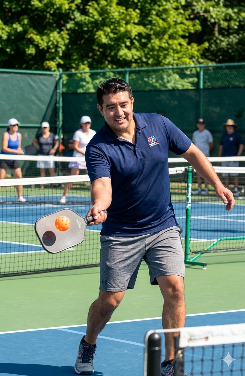 Coach Darwin Jurado playing pickleball on court at GoodRally Pickleball
