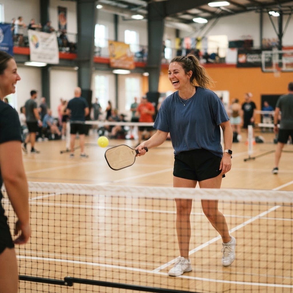 Younger average recreational player smiling and having fun playing pickleball