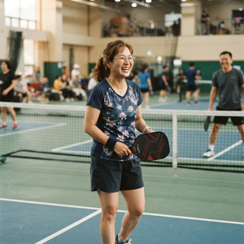 Korean recreational player smiling and having fun playing pickleball