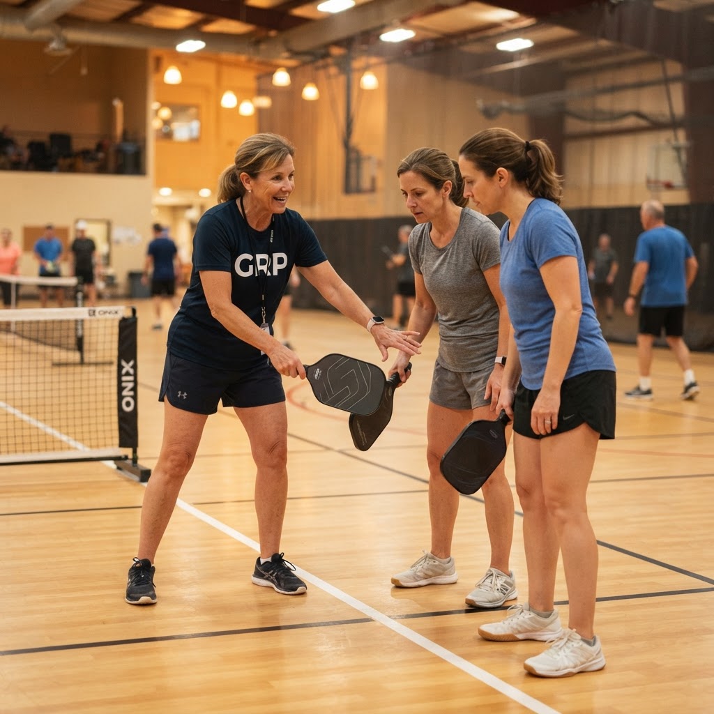 A GRP coach helping players develop dinking and positioning skills at the kitchen line.