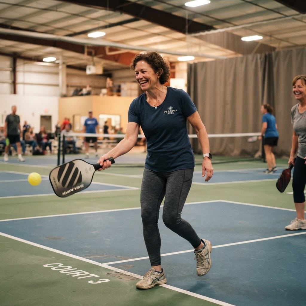 Average recreational player smiling and having fun playing pickleball